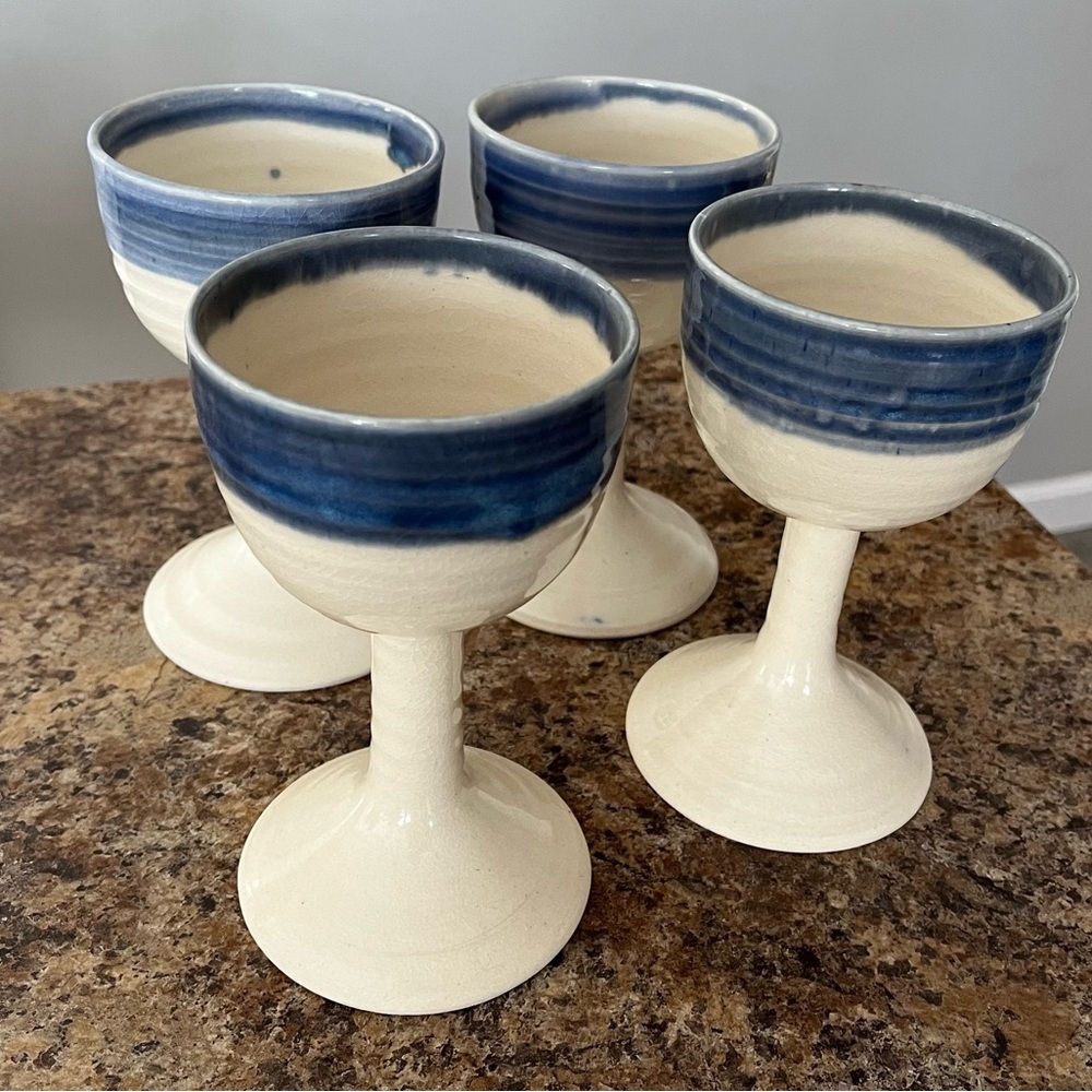 Wine Goblets Chalices Set of 4 Pottery Ceramic Cream with Blue Rim Drinkware
